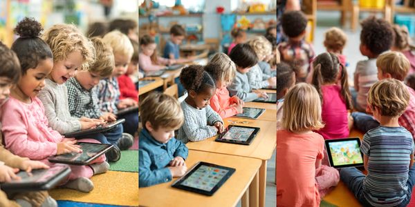 Children engaged with tablets in a classroom setting.