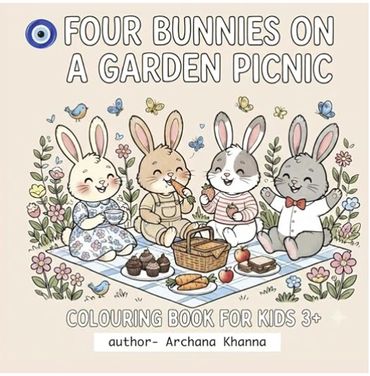 Four bunnies having a garden picnic illustration.