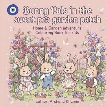 Cute bunny friends in a garden coloring book cover.