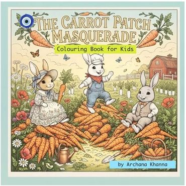 Colorful kids' book cover with rabbits and carrots.