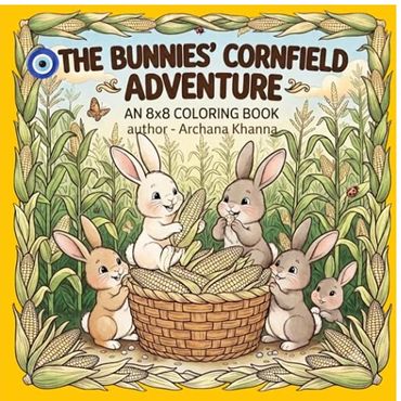 Cover of a coloring book with bunnies and cornfield.