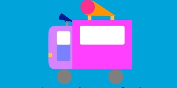 Colorful cartoon fire truck with a blue background.