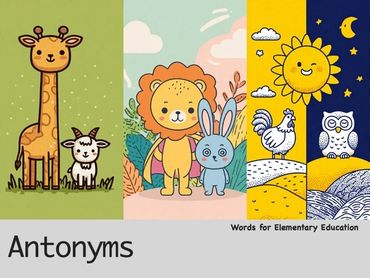 Colorful cartoon animals illustrating antonyms for kids.