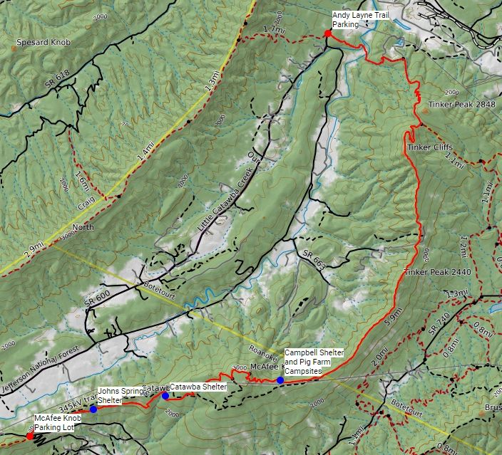 McAfee Knob to Tinker Cliffs Map