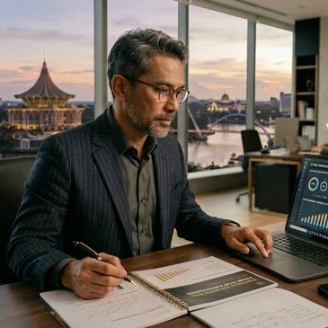Man analyzing financial charts on laptop and notebook in a modern office.