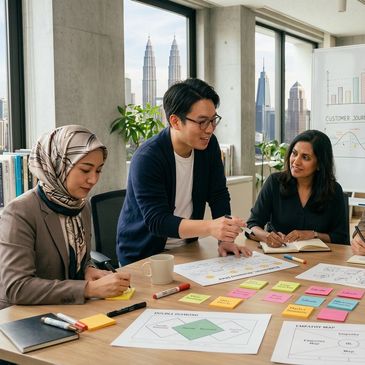 Diverse team collaborating in a bright office with strategy workshop materials and city skyline view.