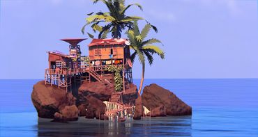 Small wooden huts on rocky islet surrounded by blue ocean under clear sky.