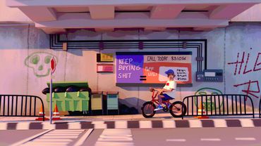 A person rides a bike past a graffiti-covered wall with signs and a green dumpster.