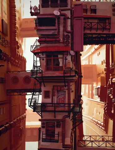 Tall, narrow building with industrial pipes and balconies in a warm, orange-lit cityscape.