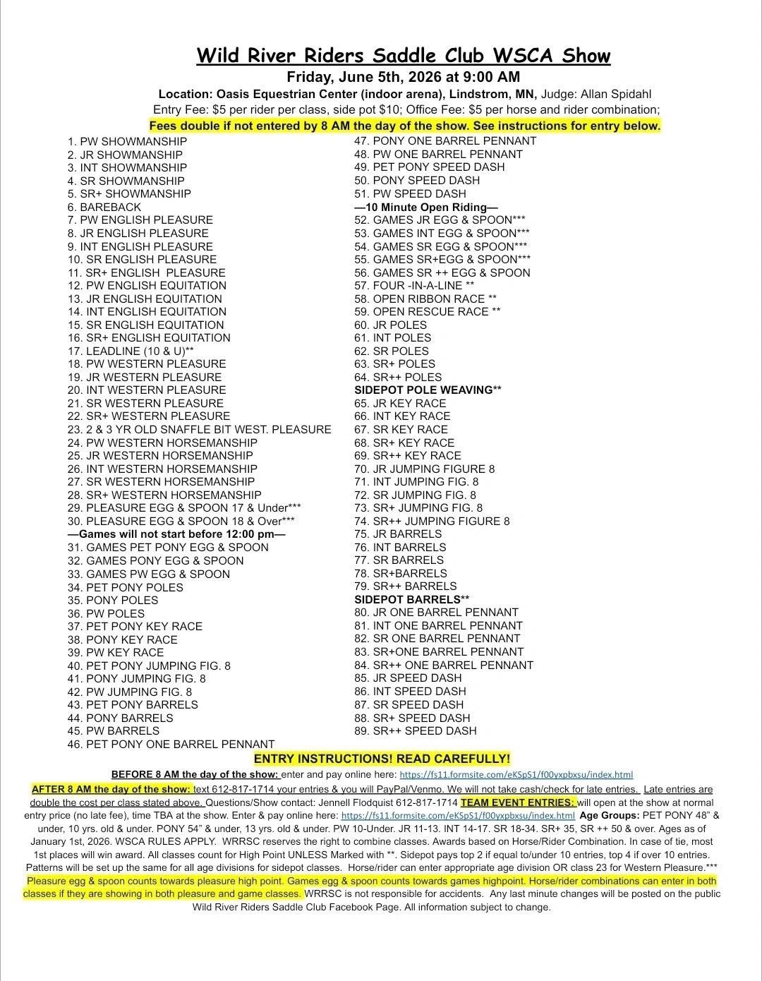 Wild River Riders Saddle Club WSCA horse show event schedule and entry instructions.