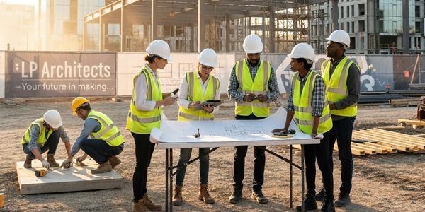 Construction team reviewing blueprints at a building site during sunset.