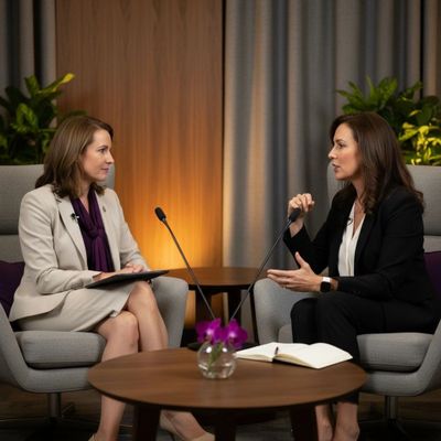Two women engaged in a professional interview in a cozy setting.
