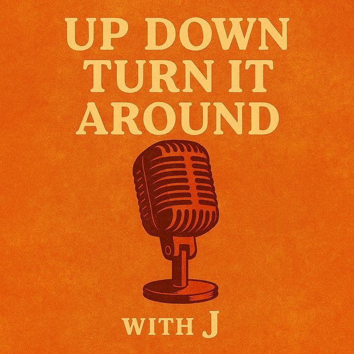 Vintage mic with text 'Up Down Turn It Around with J' on orange background.