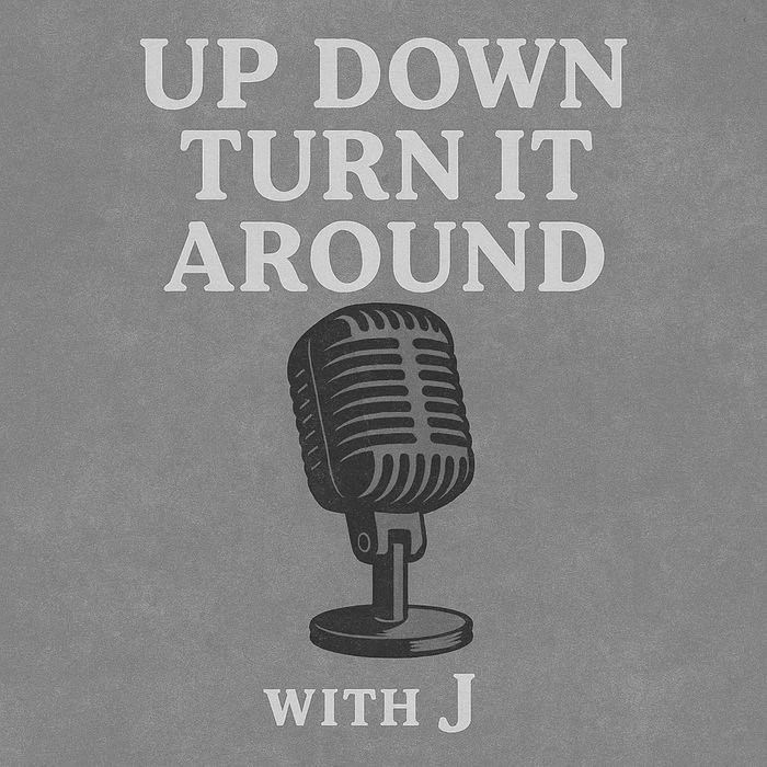 Vintage mic with text 'Up Down Turn It Around with J' on orange background.