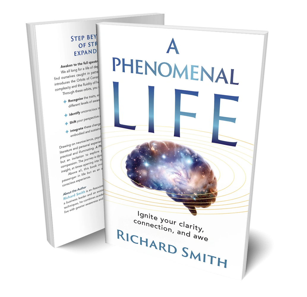 Book titled 'A Phenomenal Life' by Richard Smith with a cosmic brain illustration.
