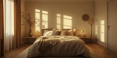 Cozy bedroom lit by warm sunlight.
