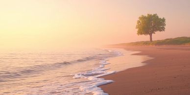 A lone tree by a calm beach at sunrise.