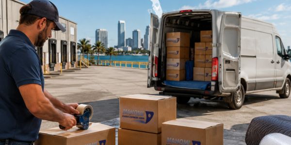 Hombre embolsando cajas junto a una furgoneta de reparto.