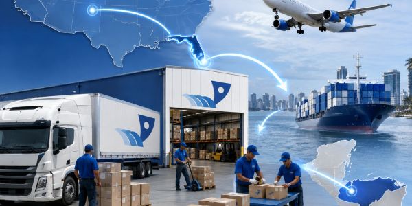 Logística y transporte internacional combinados por tierra, aire y mar.