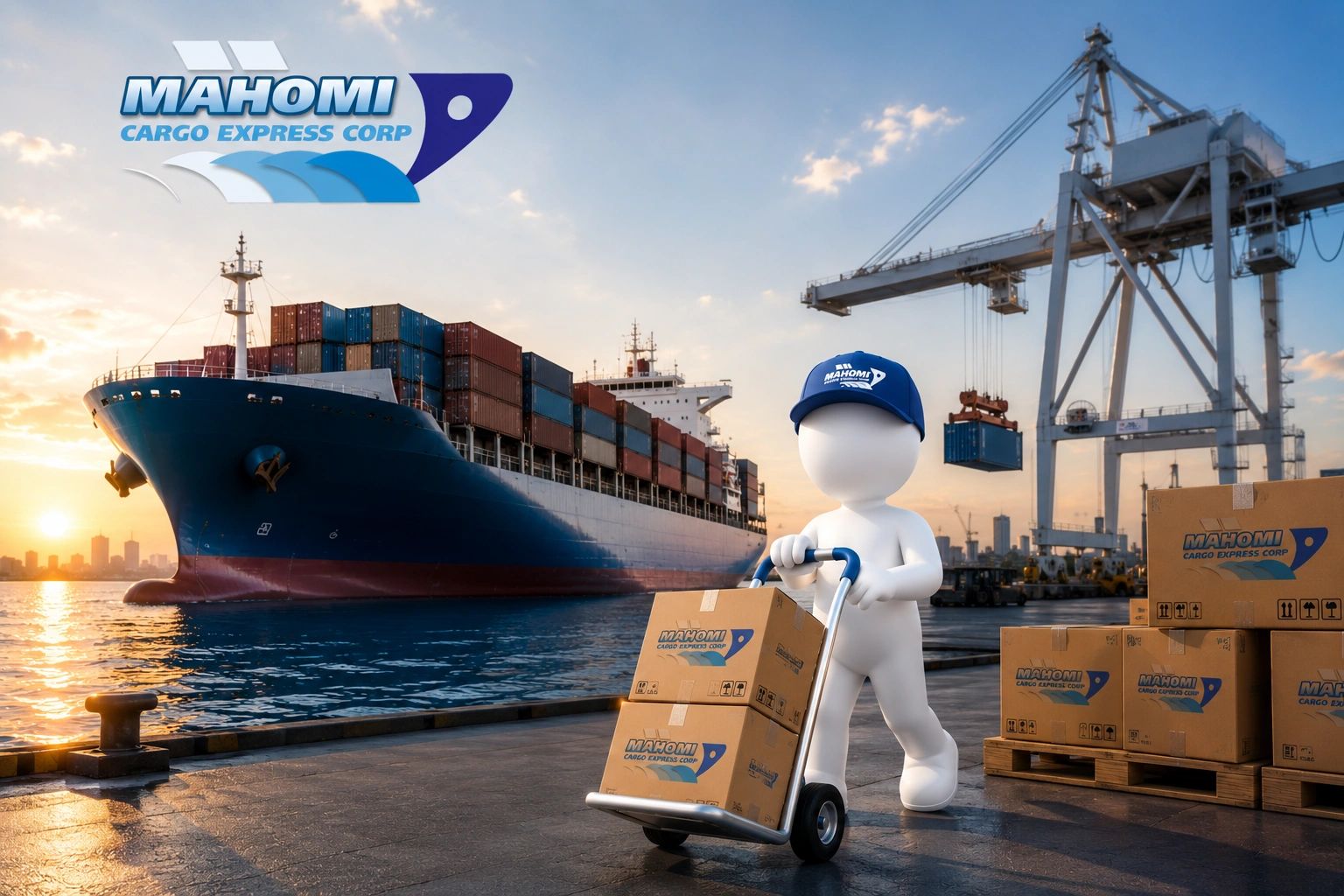 3D figure pushes cargo boxes at port with ship and crane in background.