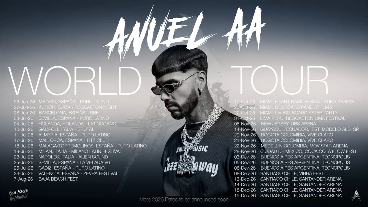 Anuel AA 2026 world tour poster with dates and locations.