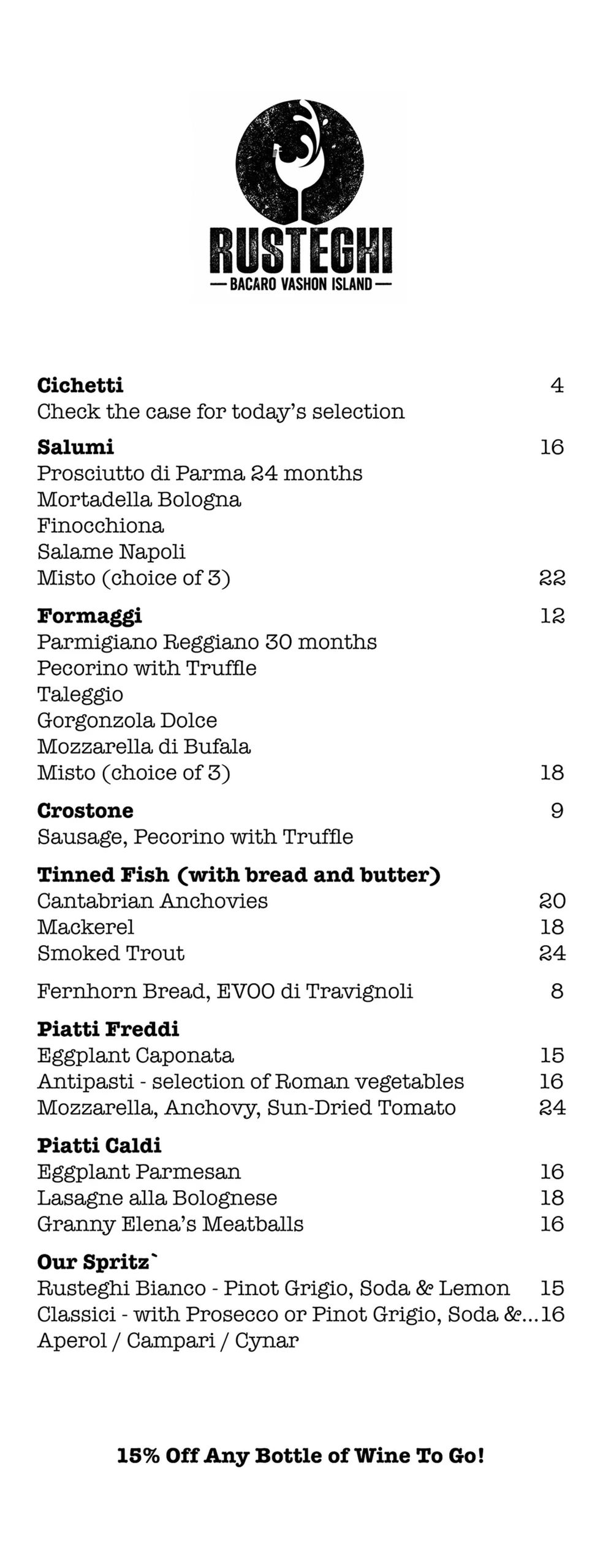 Rusteghi menu featuring Cicchetti, Salumi, Formaggi, Crostone, Tinned Fish, Piatti Freddi, Piatti Caldi, and Spritz options.
