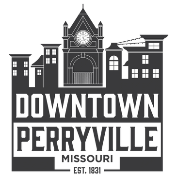 Logo featuring a clock tower and buildings with 'Downtown Perryville' text.