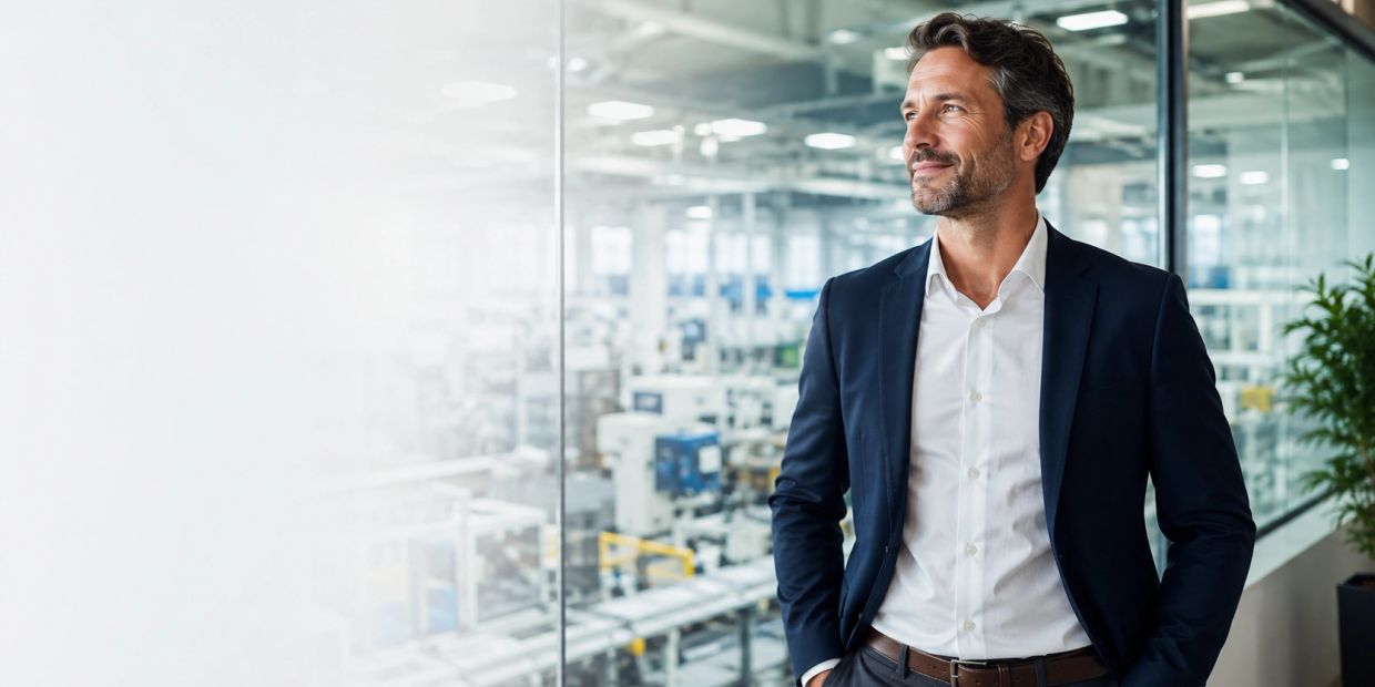 Confident businessman gazing through office windows.