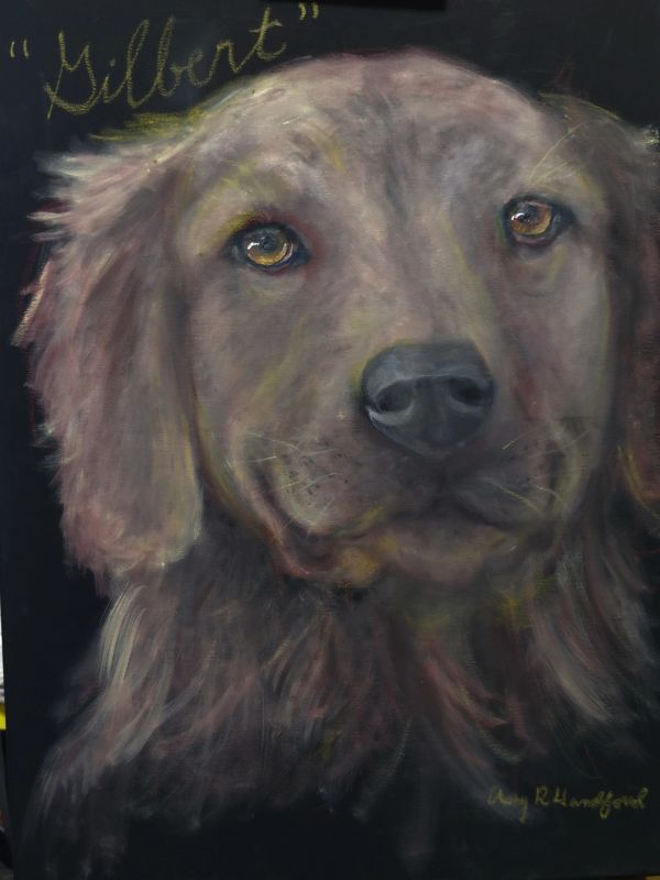 Painting of a dog named Gilbert.