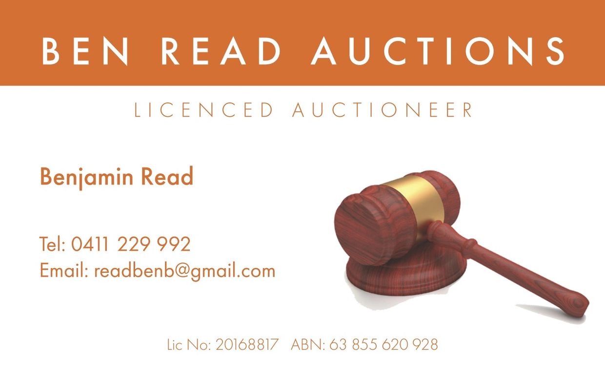 Business card for Ben Read Auctions, featuring contact info and a gavel image.