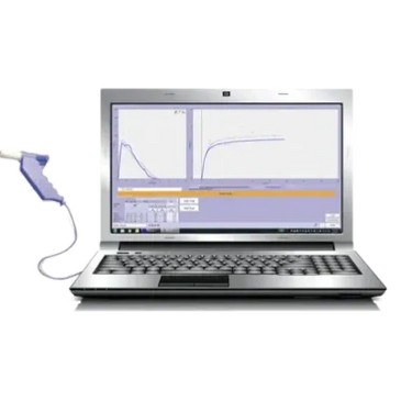 Laptop displaying scientific data connected to a handheld device.