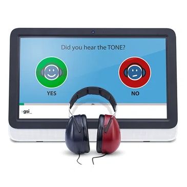 Hearing test device with headphones and a touch screen for tone detection.