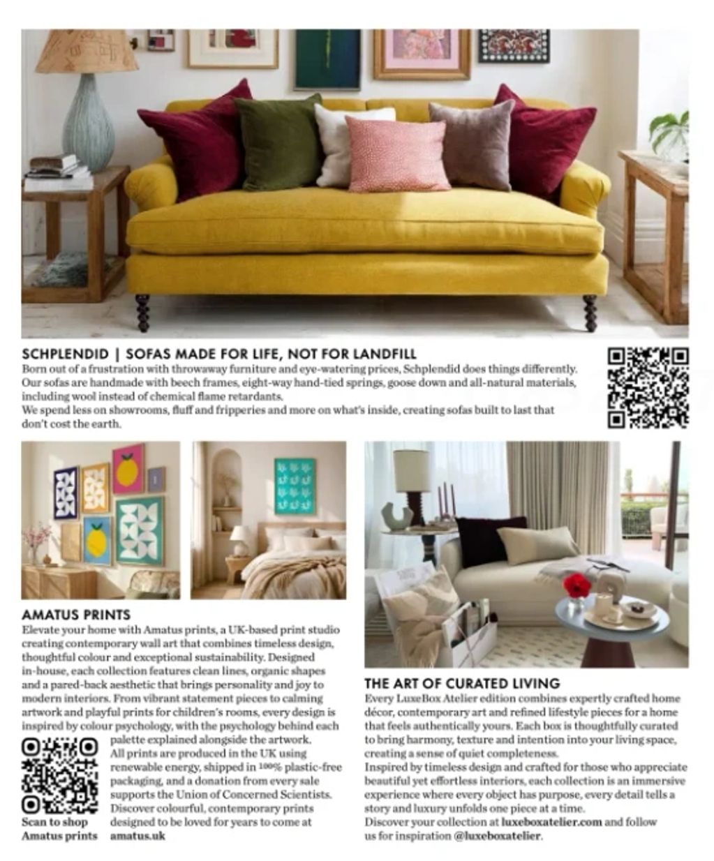 Yellow sofa with colorful cushions and eco-friendly furniture ad.