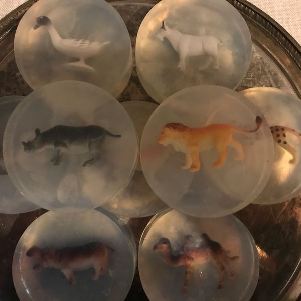Plastic animals embedded into a soap. A great way to get children to wash their hands 