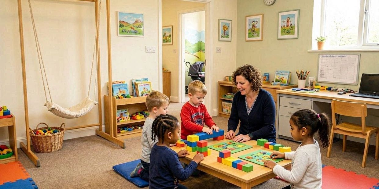 Teacher playing with children using colorful blocks in a classroom.