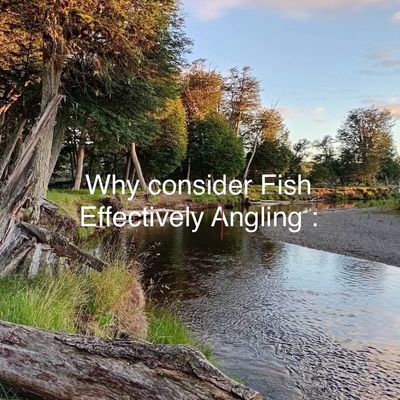 Peaceful river scene with trees and fishing text overlay.