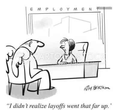 A cartoon showing a person with angel wings at an employment office after layoffs.