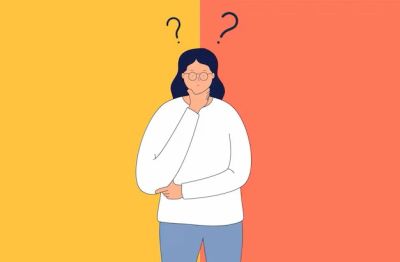 Illustration of a confused woman with question marks above her head.
