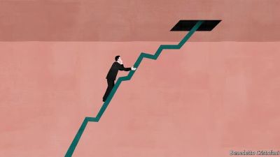 Man climbing a stair-shaped graph to an exit above.