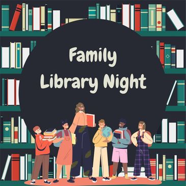 Family standing in front of a bookshelf