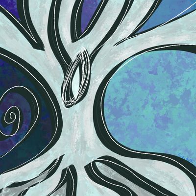Abstract painting of a swirling tree in blue and black.