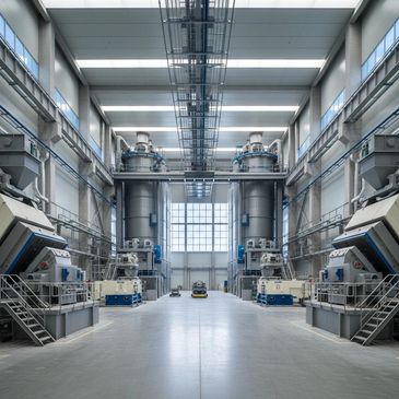 Interior of a large industrial facility with heavy machinery and high ceilings.
