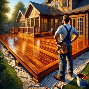Illustration of Southern Home Handyman admiring wood deck that he just sealed in Richmond, Va.