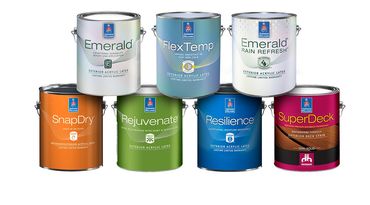 Photo of Sherwin Williams paints displayedon white background- SuperDeck, Emerald, SuperPaint