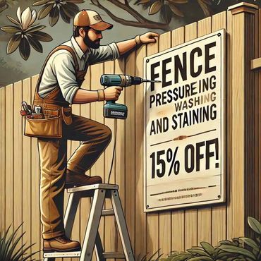 Illustration of Southern Home Handyman hanging an outdoor sign that says, Fence Staining 15% OFF!