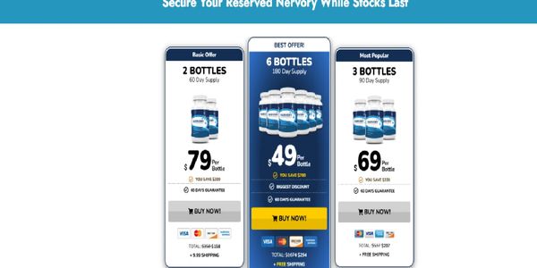 Pricing options for supplement bottles: 2, 3, or 6 bottles with discounts and guarantees.