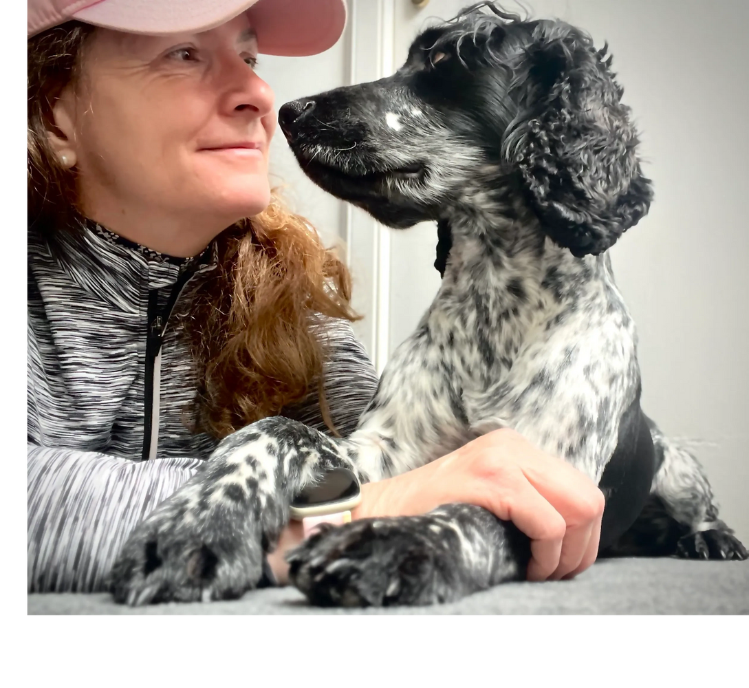 Jill looking at black cocker spaniel with her hand on his paw