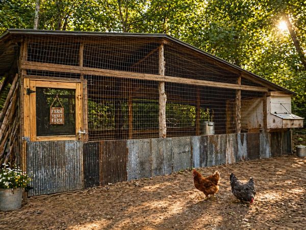 Rustic chicken coop with two chickens outside in natural sunlight.