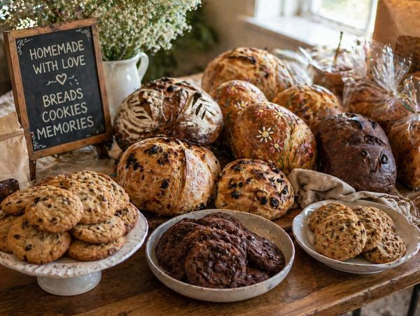 An assortment of homemade breads and cookies displayed on a wooden table.