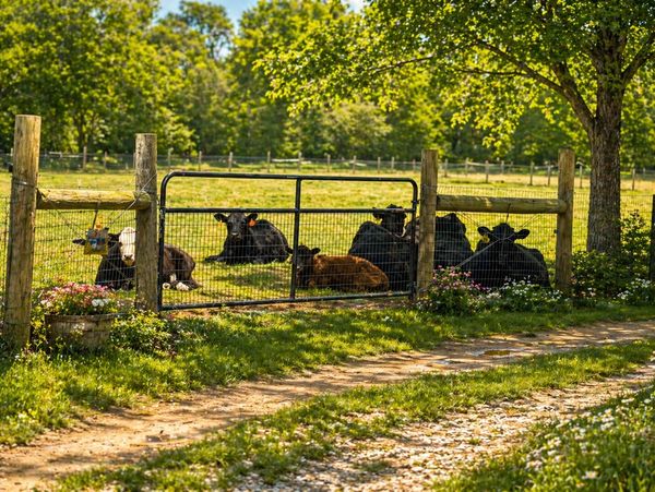 Cows resting behind a gate in a sunny green pasture.